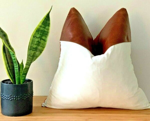 Mudcloth Pillow Cover With Genuine Leather Stripe