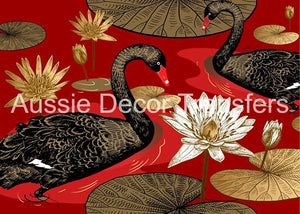 Black Swans on Red Decoupage Poster